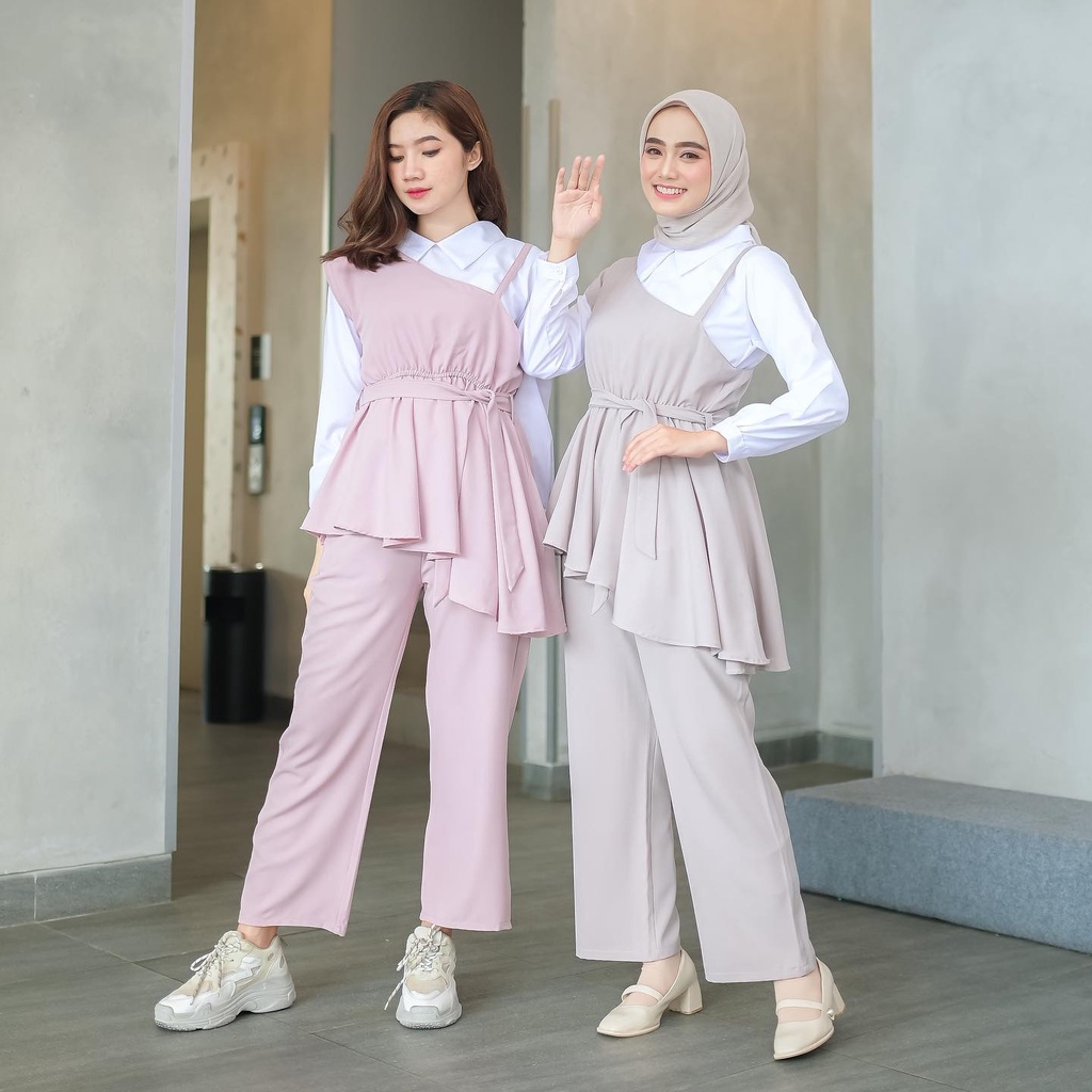 Nuri One Set Setelan Baju Muslim Polos 3in1 Terbaru 2022 Kekinian Import Wanita Korea Style Stelan W