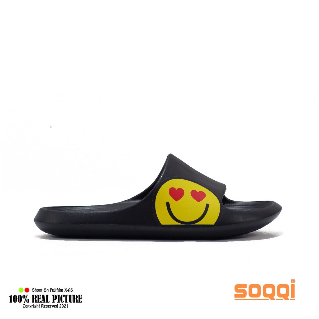 Sandal selop wanita import karet original sendal slop cewek perempuan dewasa model distro gambar smile slip on lucu tahan air branded terbaru Soqqi-Km 080 1B promo lebaran murah keren cod 36-40