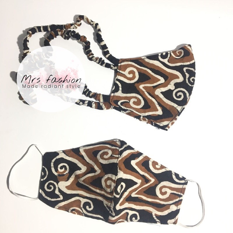 masker kain hijab motif batik mega mendung tali earloop headloop duckbill mask 2 ply lucu