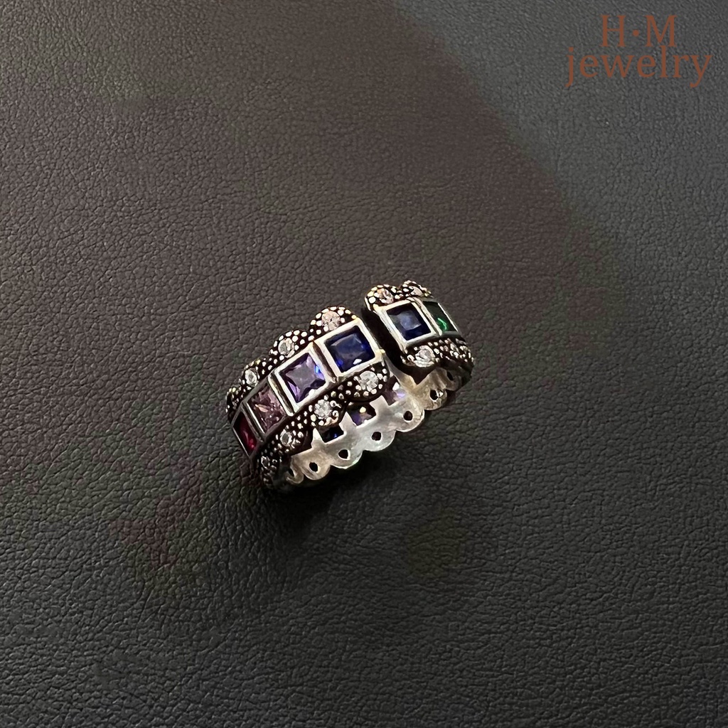 Cincin Model Terbuka Bahan Sterling Silver 925 Desain Renda Warna Pelangi Gaya Vintage Untuk Wanita