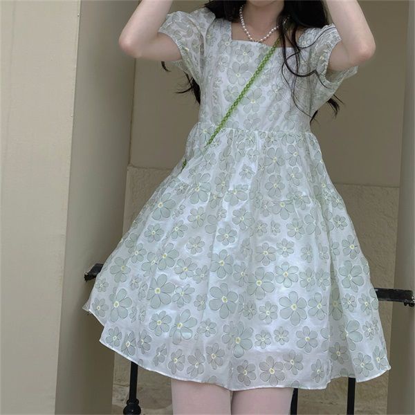 French square neck puff sleeve floral dress perempuan musim panas manis gadis strapped busur teh ist