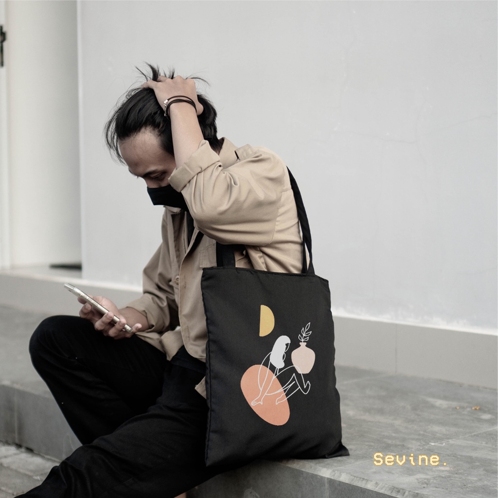 Sevine Totebag Tas Wanita Tote Bag Resleting Fashion Line art Hijab Black Series - WHF6