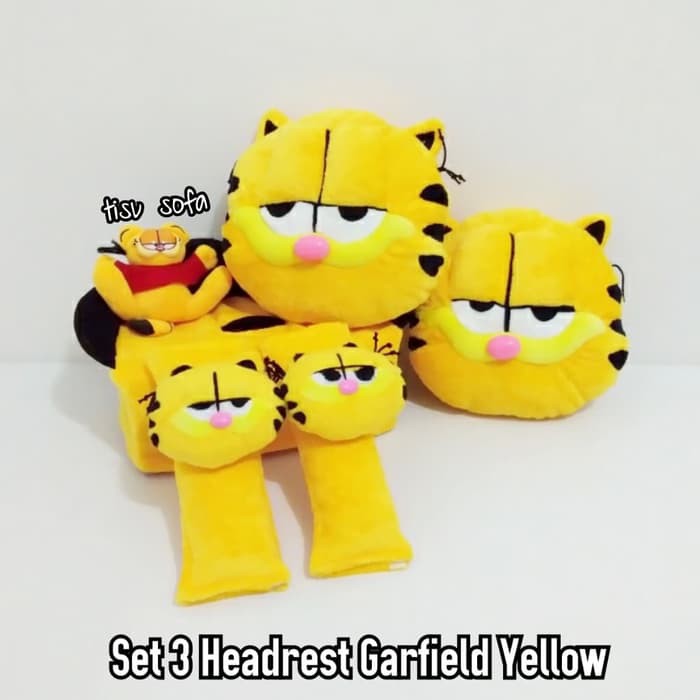 set bantal headrest sandaran kepala jok leher tissue mobil boneka garfield kuning 3 v