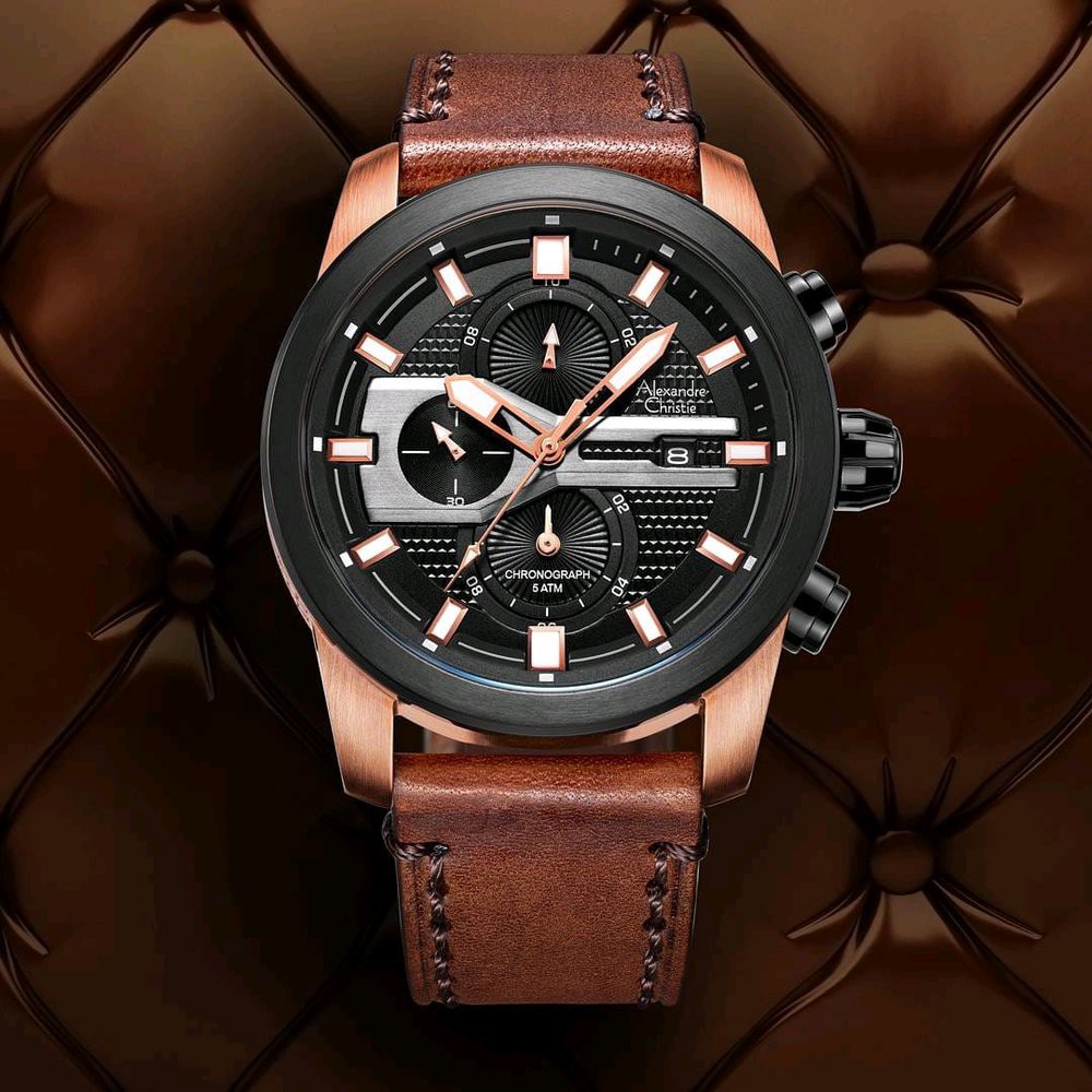 Jam Pria Alexandre Christie AC 6562 MC LBRBA Chronograph Black Rosegold Dial Brown Leather Original