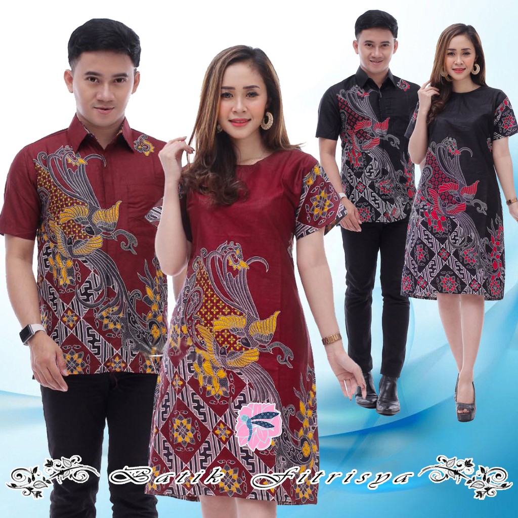Baju Couple - BATIK PASANGAN PRIA WANITA - DRESS LENGAN PENDEK & KEMEJA - MOTIF BURUNG KENARI MERAH 