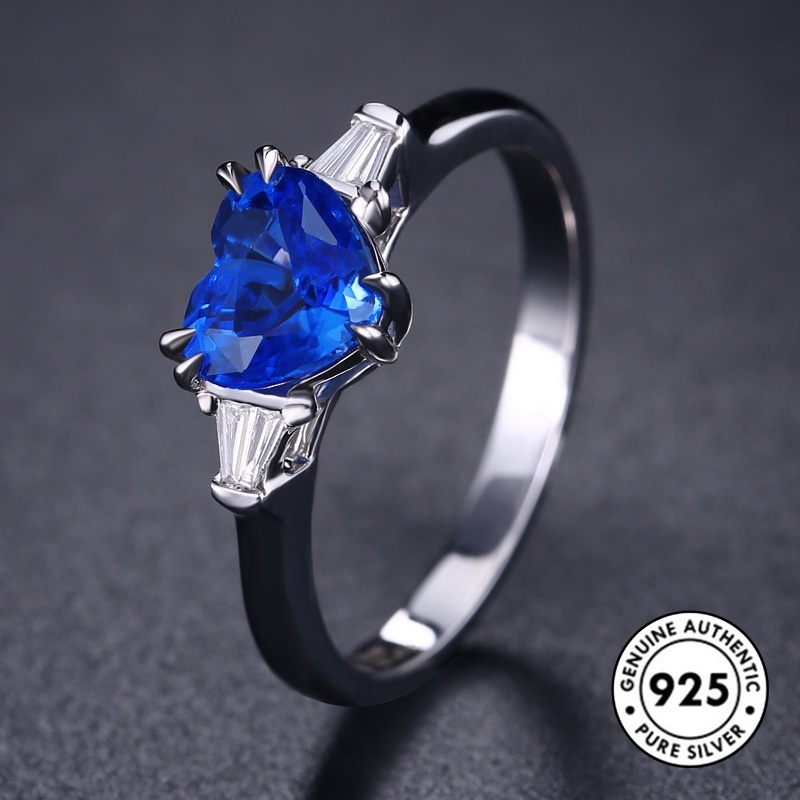 Cincin Sapphire Bentuk Hati Bahan S925 Silver Gaya Klasik Elegan