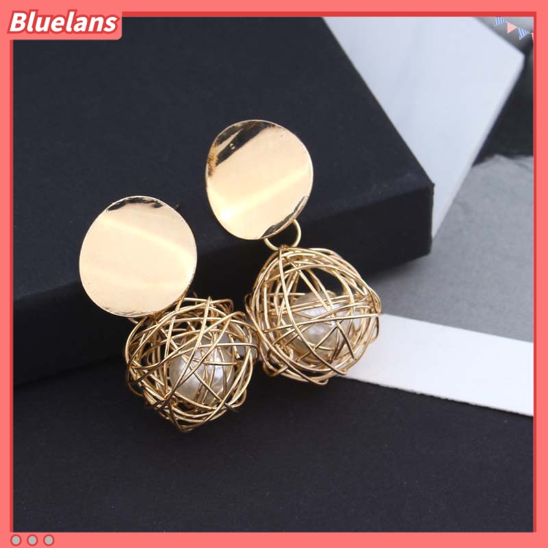 Bluelans Women Fashion Geometric Woven Hollow Ball Faux Pearl Drop Earrings Jewelry Gifts