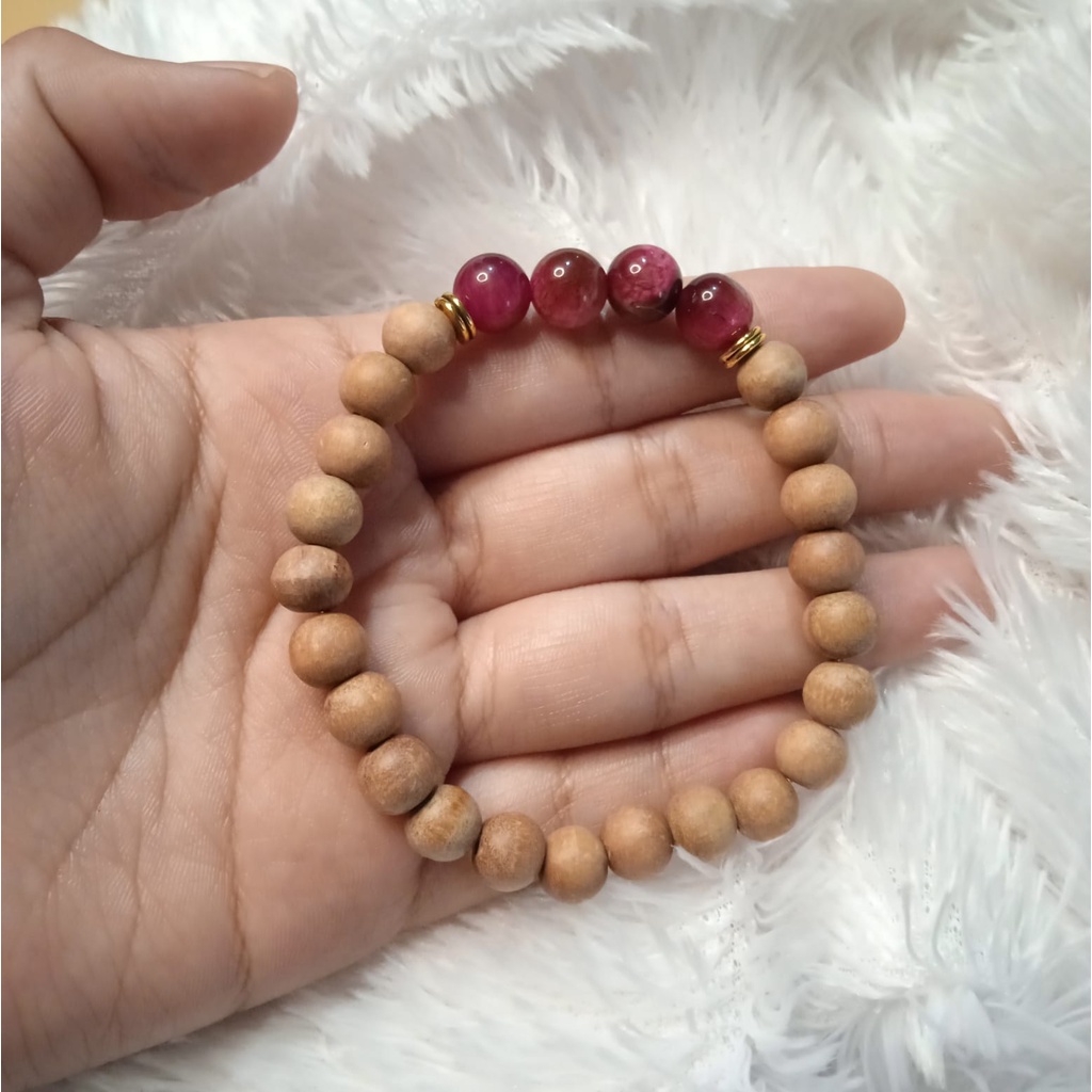 Gelang Batu Original Handmade Kayu Cendana Kombinasi Batu Alam Pink Tiger Eye