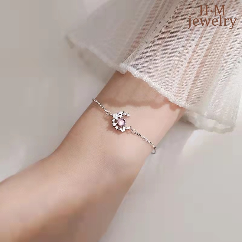 Gelang Tangan Rantai Sterling Silver 925 Aksen Kupu-Kupu + Bulan Sabit + Kristal Untuk Wanita