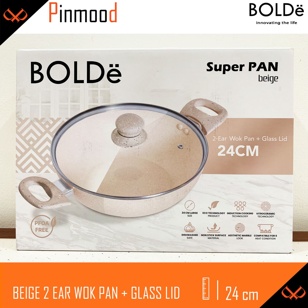 BOLDE BEIGE 2 EAR WOK 24 CM + GLASS LID / TUTUP KACA SUPER PAN COATING GRANITE PANCI PENGGORENGAN WAJAN ANTI LENGKET