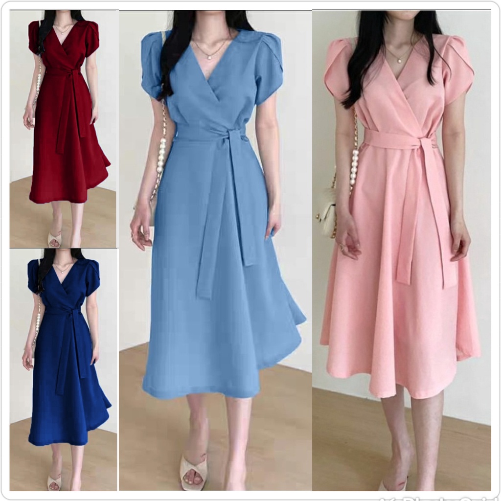 Natasha Midi Dress Korea Gamis Putih Aksen Bordir Bunga Baju Wanita Ju Dress Simple Casual/ Dress