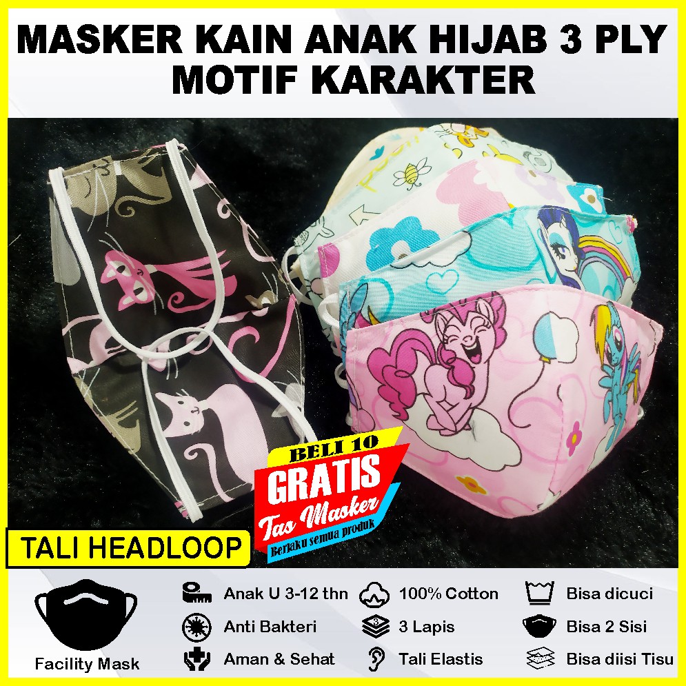 Masker Anak Hijab 3 Ply Tali Headloop Bisa diisi Tisu Model Duckbill