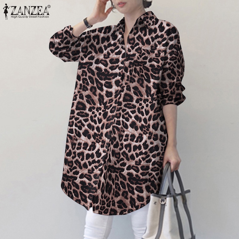 ZANZEA Women Casual Daily Turn-Down-Collar Leopard Printed  Long Sleeve Loose Blouse