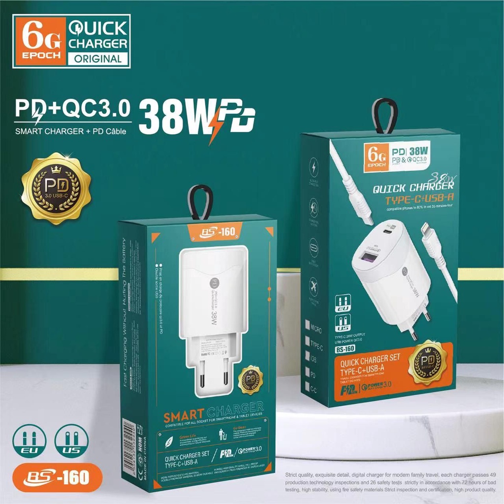 Travel Charger EPOCH 6G 2USB 38W Super Fast Charging BS160 BS170 BS180 Casan 38Watt Dengan Kabel Data Micro