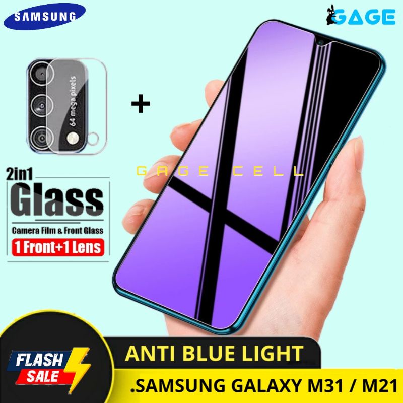 2in1 TEMPERED GLASS ANTI BLUE LIGHT SAMSUNG GALAXY M31 M21 TG ANTI GORES RADIASI FULL LAYAR SCREEN