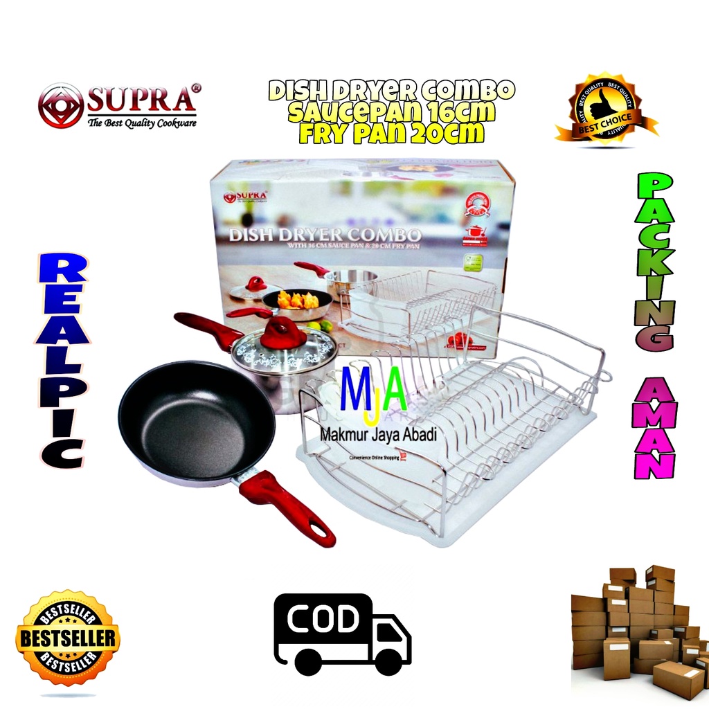 PROMO (BISA COD) Rak Piring Stainless Supra + Nampan Plastik / Dish Dryer Supra Combo With Sauce Pan 16cm &amp; Fry Pan 20cm