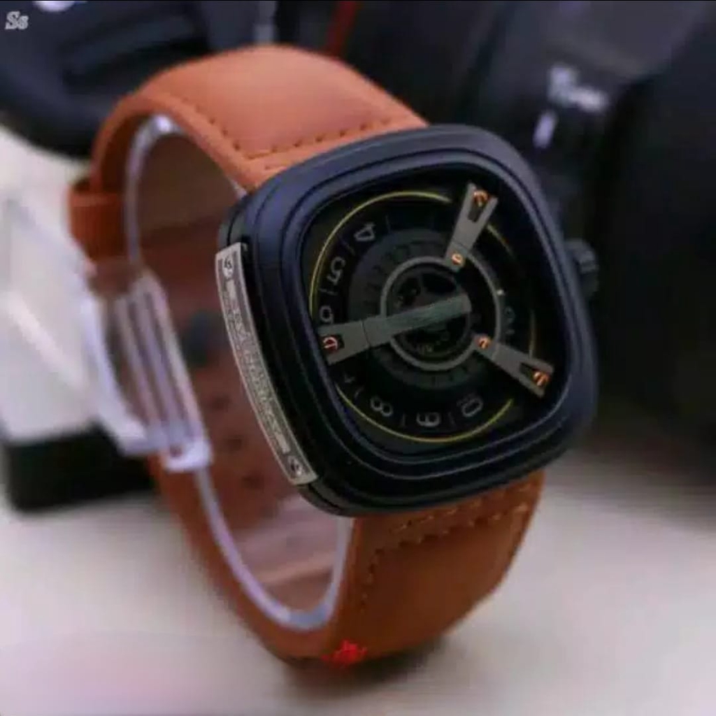 Jam Tangan Pria Sporty Kotak M2 Analog Kulit Case Black