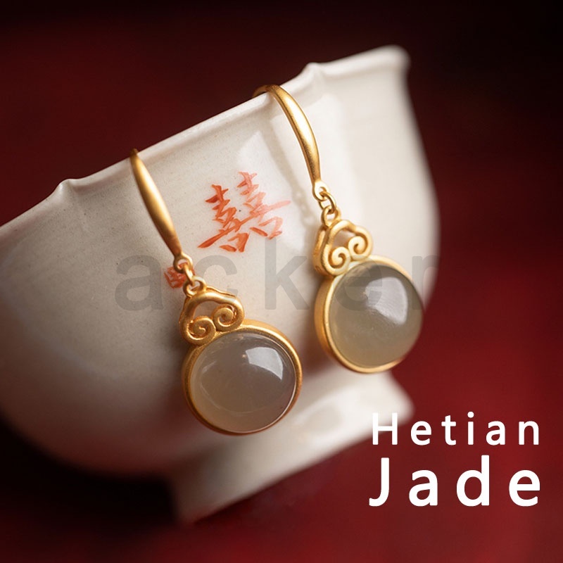 Anting Giok Hetian Alami Bahan Sterling Silver Untuk Wanita