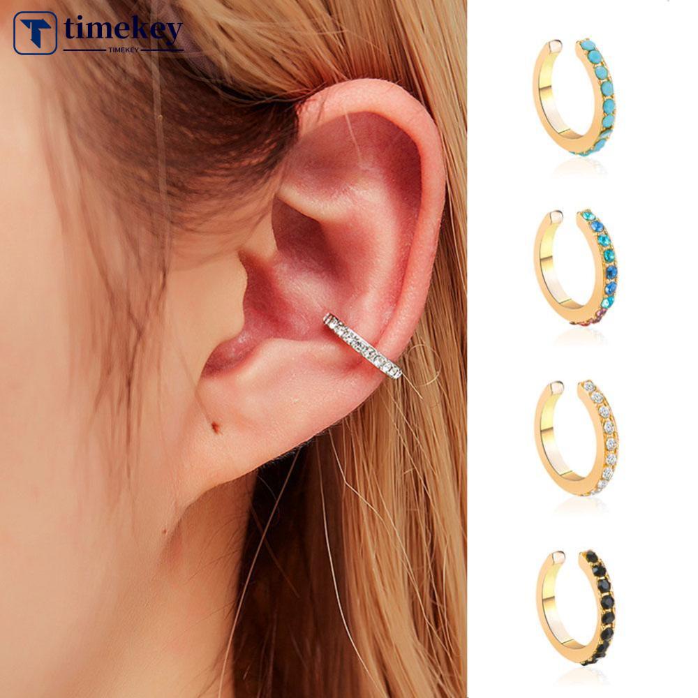 Timekey 1PC Anting Klip Bentuk C Minimalis Hias Berlian Imitasi Untuk Wanita A2K7