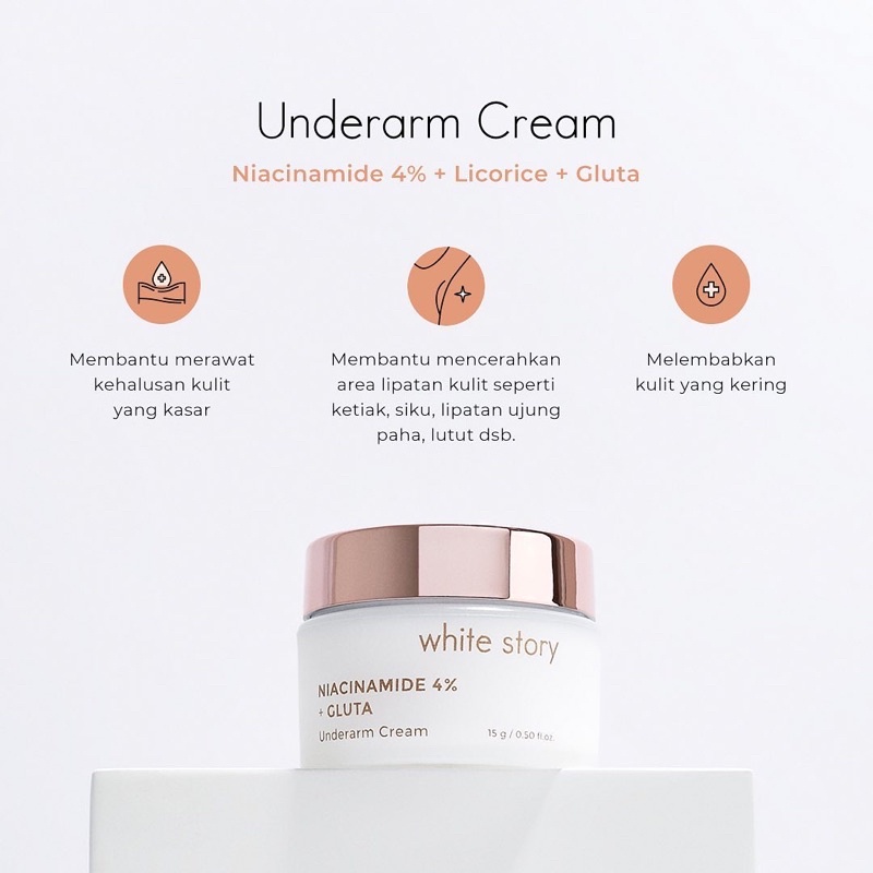 WHITE STORY Underarm Cream Indonesia / Brightening Acne Hydrating Advanced Soothing Exfoliating Peeling / Facial Wash Toner Essence Serum Day Night Eye Gel Clay Mask Masker Wajah Cleanser Cleansing Moisturizer Body Scrub Soap Face Care Oil / Paket Lengkap