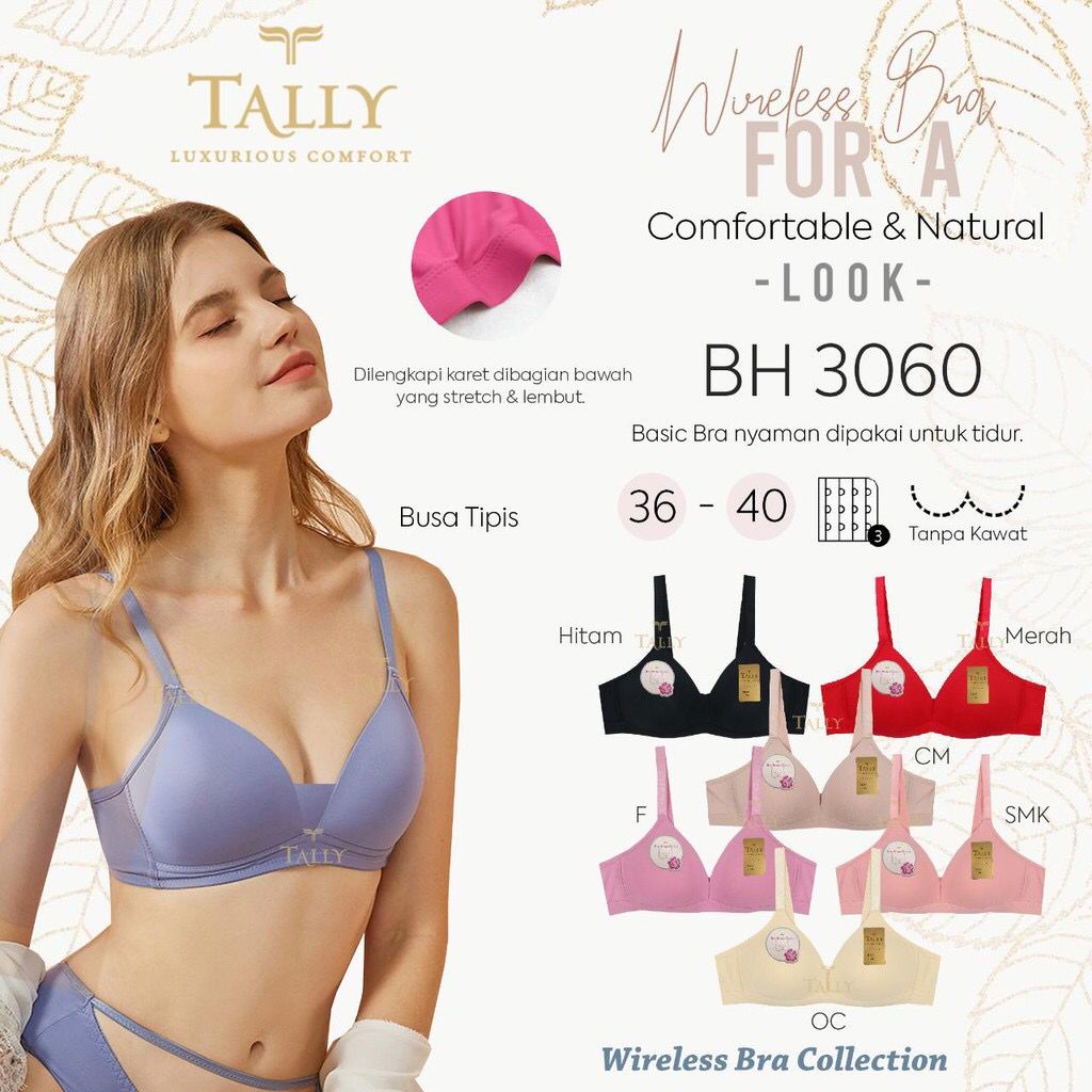 NEW !! TALLY Bra Tanpa Kawat Bahan Licin Busa Tipis Kait 3 Cup B Bh Harian Nyaman BH 3060 Polos  | BH TALLY BARU - SIZE 36 38 40 - CUP B - ARA98STORE