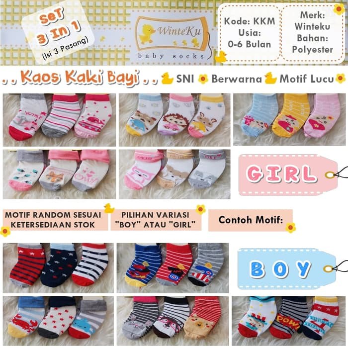 Winteku Kaos  Kaki  Bayi  3 Pasang Motif Lucu  Murah  Baby 