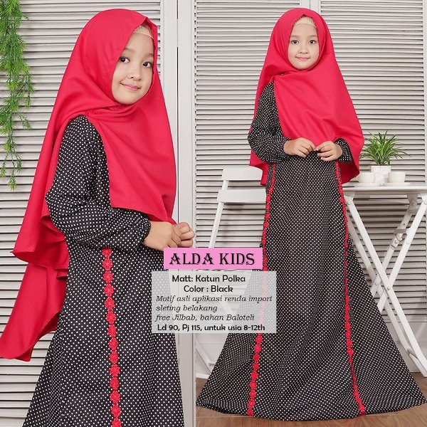 atk Alda Kid Polka Hitam Sgamis syari hijab muslim anak perempuan 8 9 10 11 12 tahun pink  murah