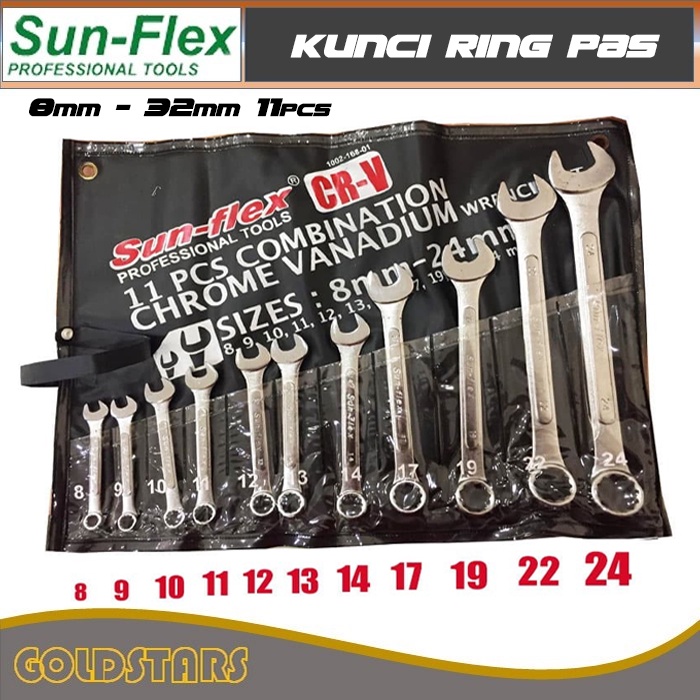 Kunci Ring Pas Set 11 pcs / Sun-Flex 8mm - 24mm Chrume Vanadium