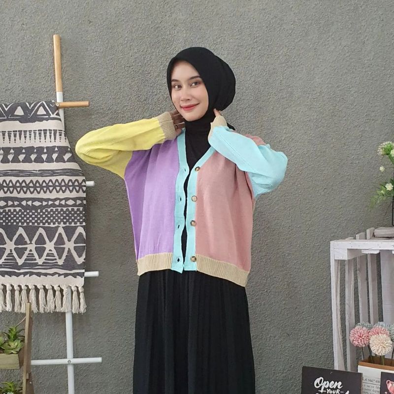 rajut retro rainbow cardigan