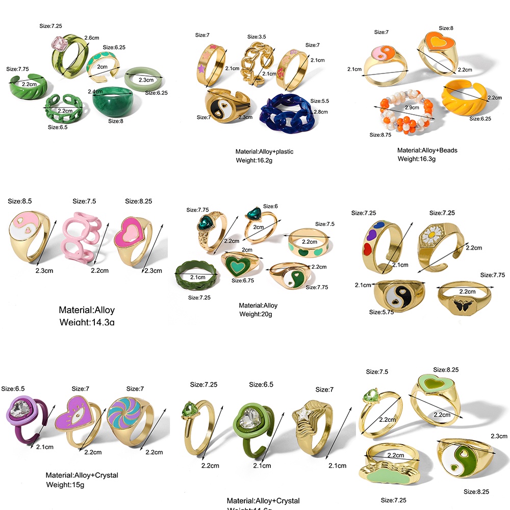 Colorful Gold Rings Set Heart Tai Chi Adjustable Crystal Resin Ring for Women Jewelry Fashion Accessories