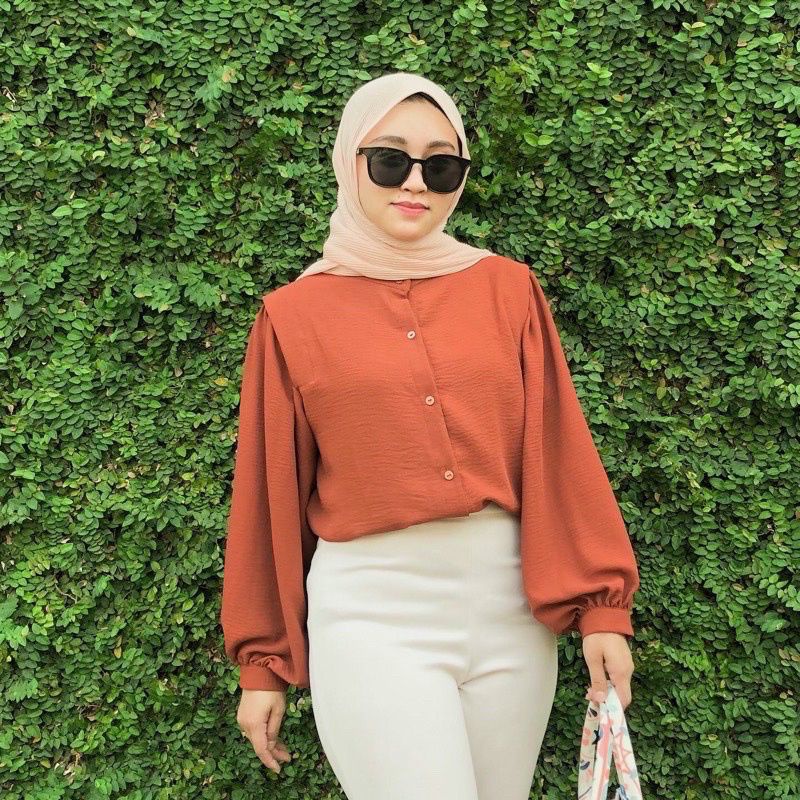 Reva Blouse Crinkle - Kemeja Blouse - Kemeja polos - Atasan Wanita - Oneck  Longsleeve  - Kerah Shanghai