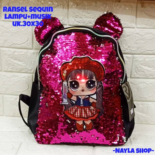 &quot;aurabagss&quot; - Tas Anak Perempuan Ransel Sequin Motif LOL ( Bunyi ) LED ( Lampu ) Terbaru 2023