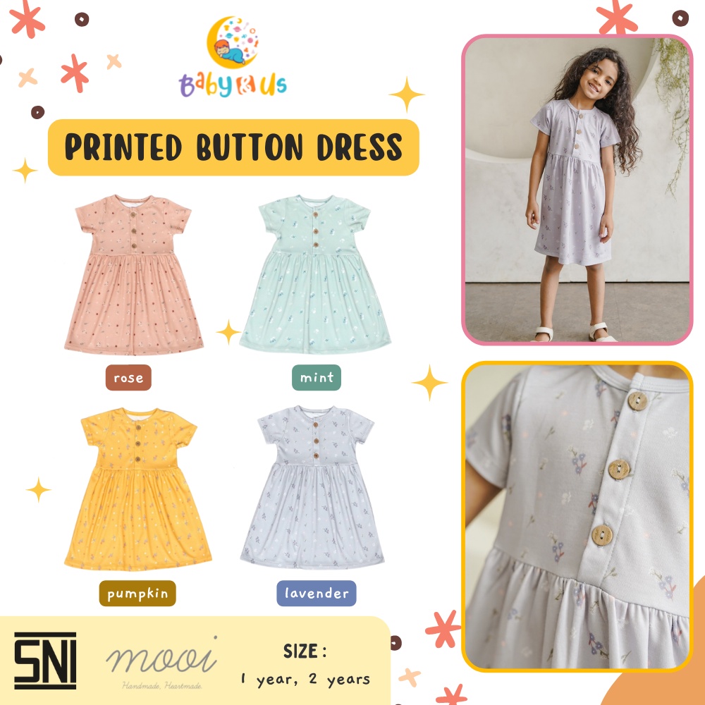 Mooi Printed Button Dress - Dress Anak Perempuan Lengan Pendek Motif 1-2 tahun