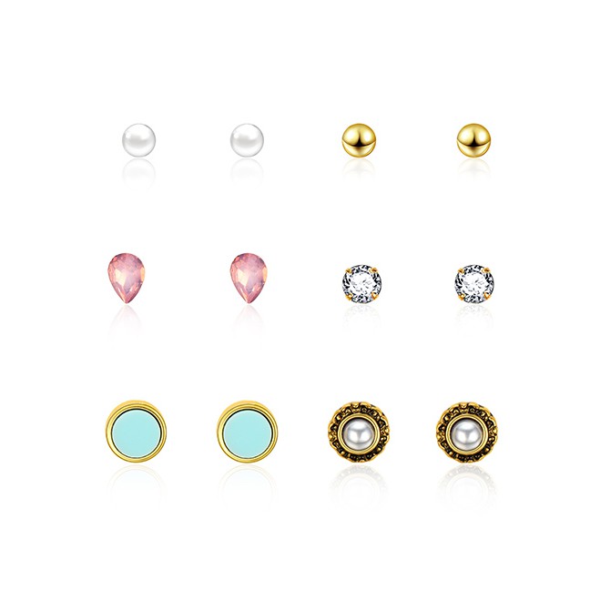 LRC Anting Set Fashion Gold Diamond Round Drop Earrings 6 Pairs F29774