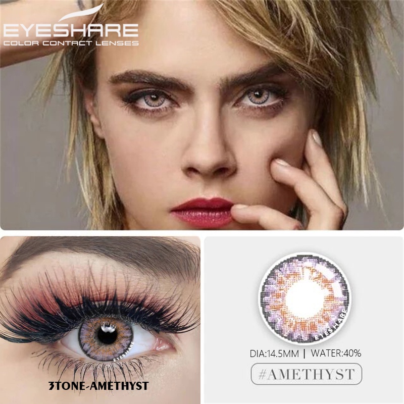 （COD）C28-3TONE Amethyst Sterling-grat Sepasang lensa kontak berwarna, Warna campuran Eropa dan Amerika mata yang besar diameter 14.5MM, kadar air 40% lensa mata cairan lensa kontak soflen mata softlens soflens Ture-sapphire Grey