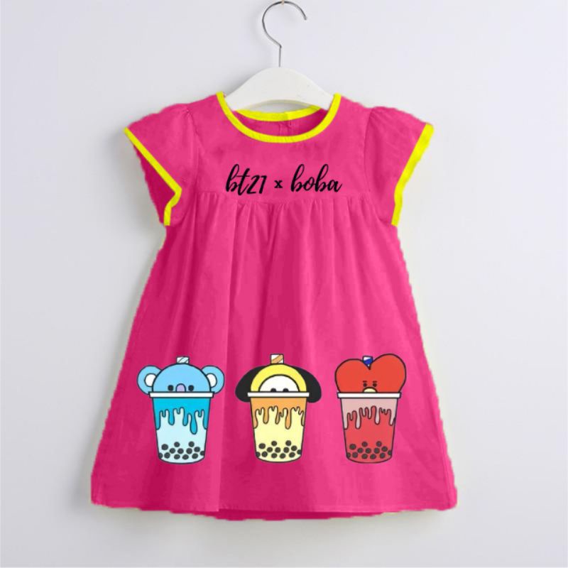 DRESS ANAK PEREMPUAN BT21 X BOBA/BAJU ANAK PEREMPUAN LUCU