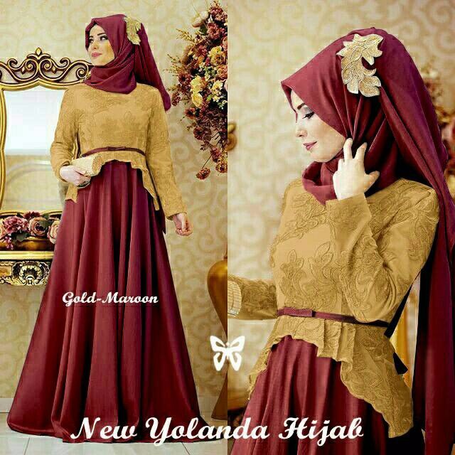 DeltaRA Yolanda Hijab Gold Maroon Busana Muslim Wanita Gamis Terbaru