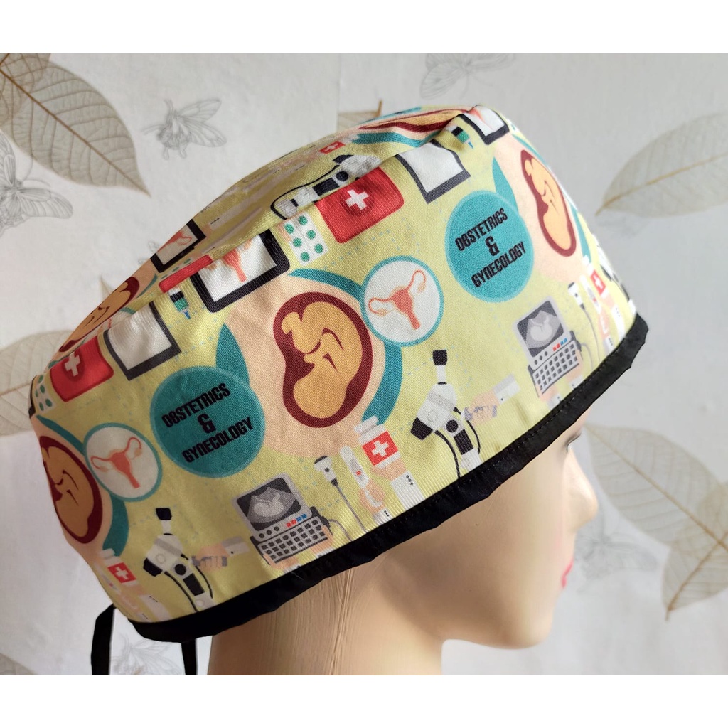 Topi Dokter/ Head Cap & Masker Printing Motif Obgyn Kuning