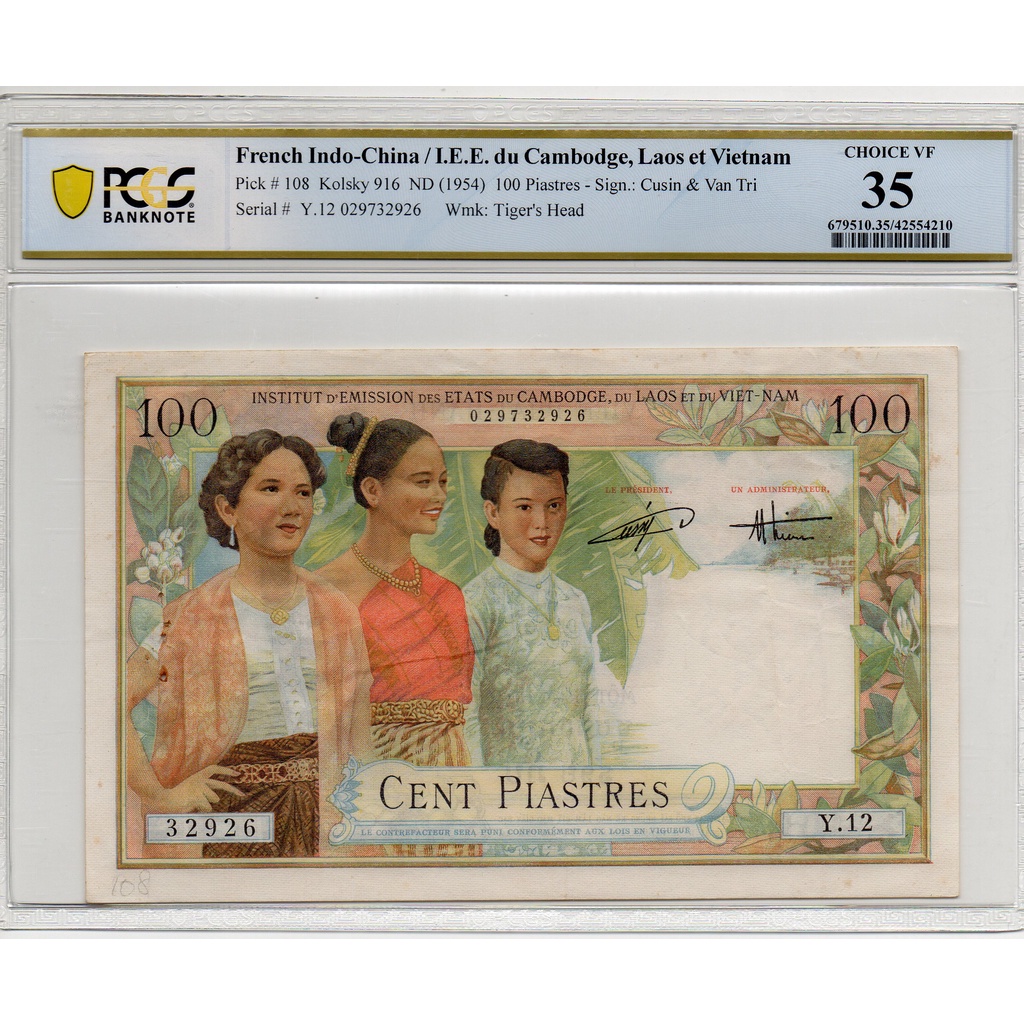 Uang Kuno French IndoChina 100 Piastres 1954 Vietnam (PCGS 35 VF)