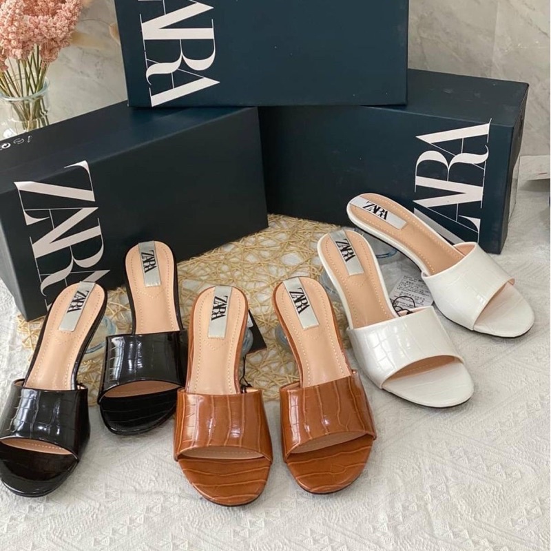 Sepatu Kaca Sendal Kulit Hak Tinggi Wanita ZR Croco Leather High Heeled Sandals Premium Import Hitam