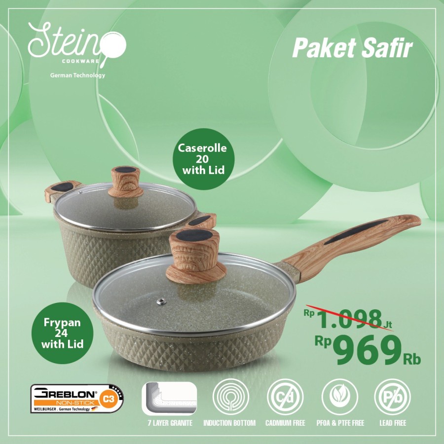 Panci Steincookware Paket Safir Set Diamond Panci Stein Granite SAFIR Series Caserole Frypan Stein Cookware