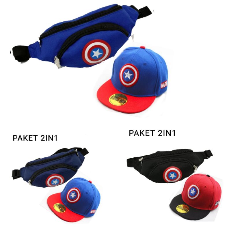 Tas selempang anak motif capten bahan canvas bonus topi