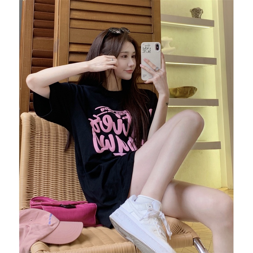 kaos atasan wanita lengan pendek oversize printed letters t shirt korean style kaos hitam