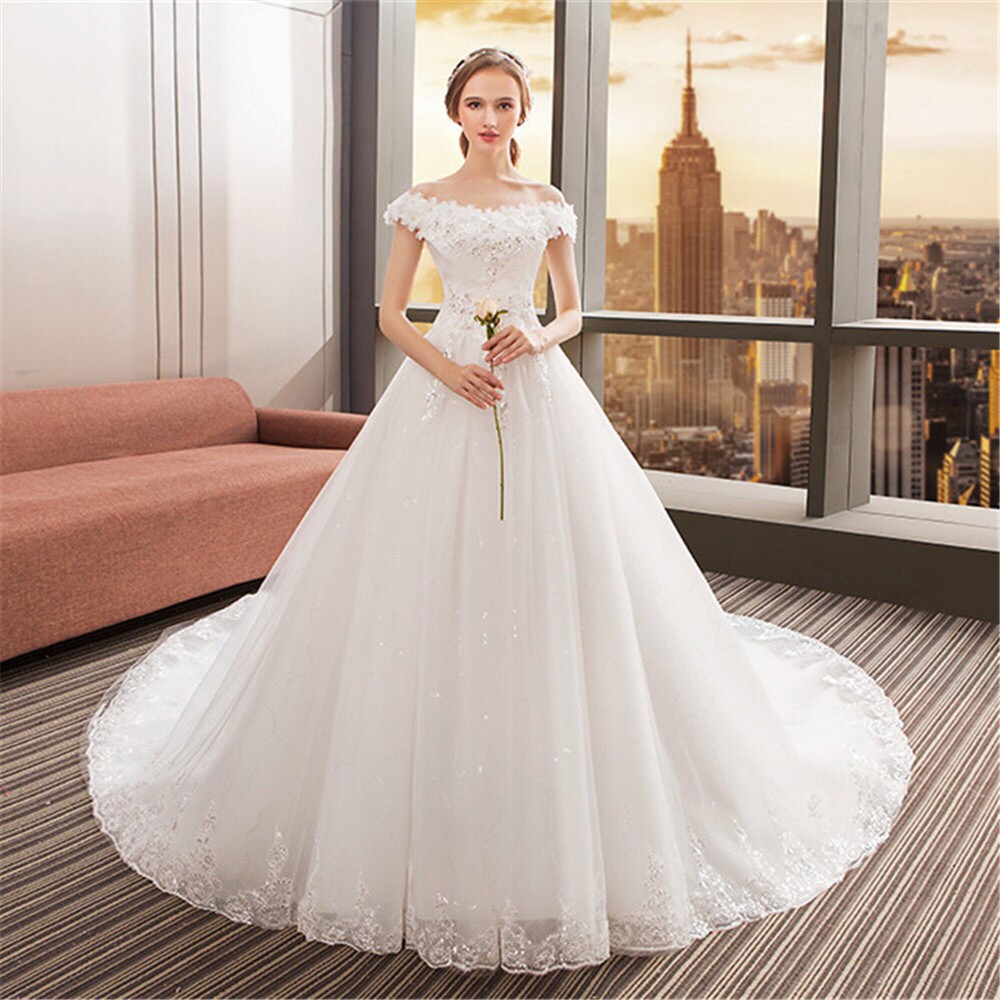 Putih Gaun pengantin lace Korean wedding dress Long tail Gaun pesta S-3XL