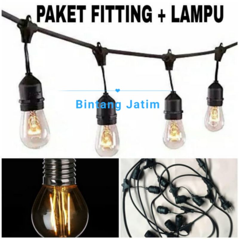 paket lampu gantung cafe 10 meter + lampu 10 pcs fiting lampu gantung outdoor 10m 10 fiting