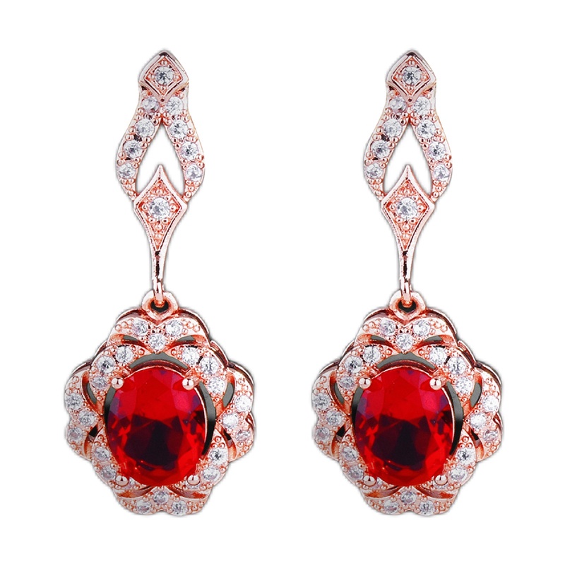 Anting Drop Panjang Bentuk Oval Kubik Zirkon Warna Merah Gaya Klasik Untuk Wanita