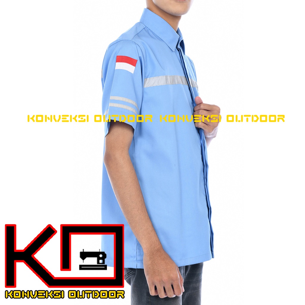 KEMEJA WEARPACK BAJU SAFETY K3 OUTDOOR INDOOR - Seragam Kemeja Kerja Lapangan Lengan Pendek Proyek Bangunan Tambang Alat Berat PLN Enginer Instalasi Mesin werpek sefti Scotlit Warna Biru Muda Konveksi Outdoor