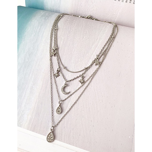 LRC Kalung Wanita Fashion Silver Alloy Diamond Necklace F59119