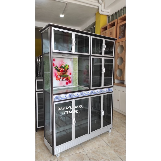 Rak Piring Alumunium Roda Keramik Kaca 4 Pintu Rak Piring Minimalis Jogja