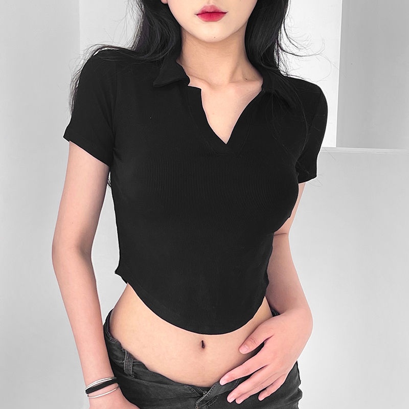 Buktikan kekinian atasan crop top Eropa dan Amerika pure lust hot girl slim V-neck T-shirt women show the figure navel all-match casual short top baju import kaos wanita korean style